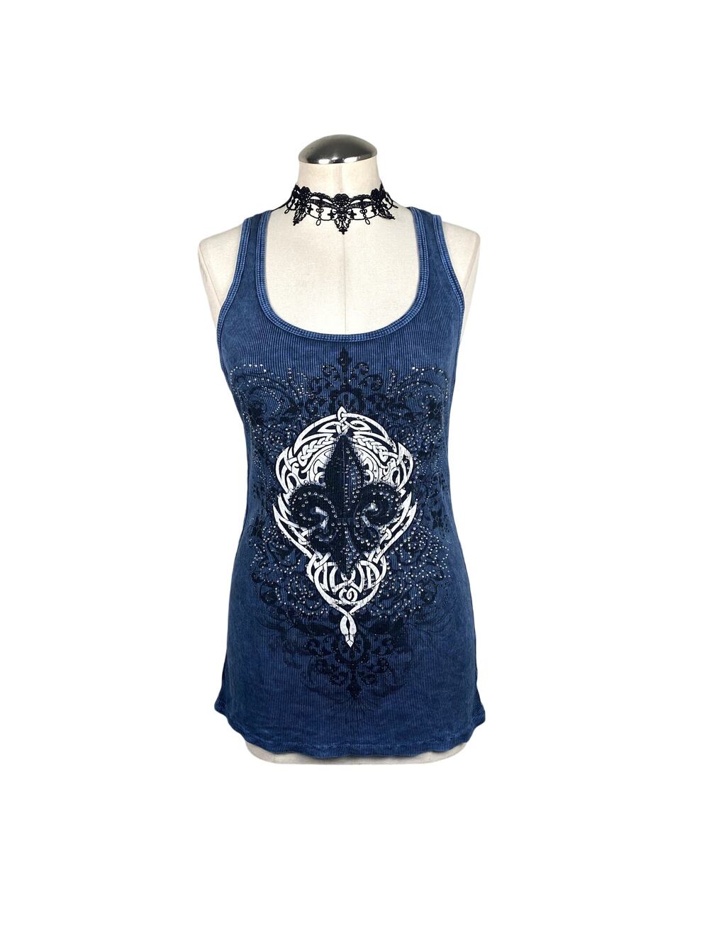 Vtg Y2K Vocal Rhinestone Goth Grunge Emo Alt Fleur De Lis Punk Biker Tank Top SM